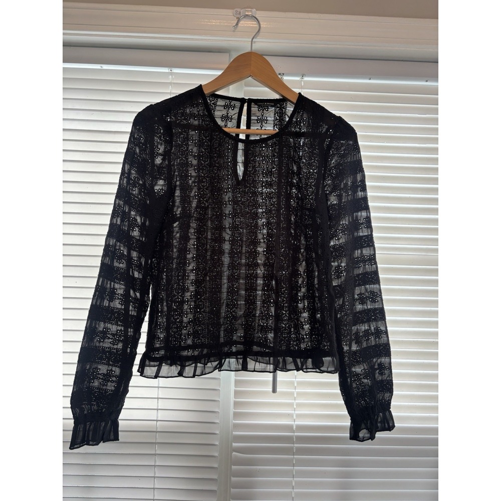 Lucky Brand Boho Black Sheer Eyelet Top L/SL Lightweight Peasant Style Sz XS